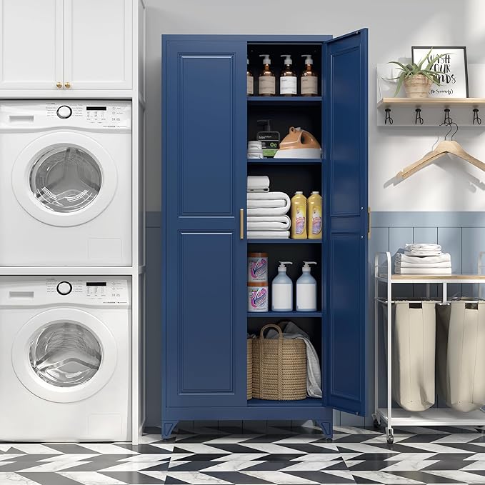 Kitchen Pantry Cabinet,75”Blue Metal Storage Cabinets with Doors and 4 Adjustable Shelves,Kitchen Cabinet with 2 Gold Handles,Tall Cabinet for Livingroom,Pantry, Bathroom