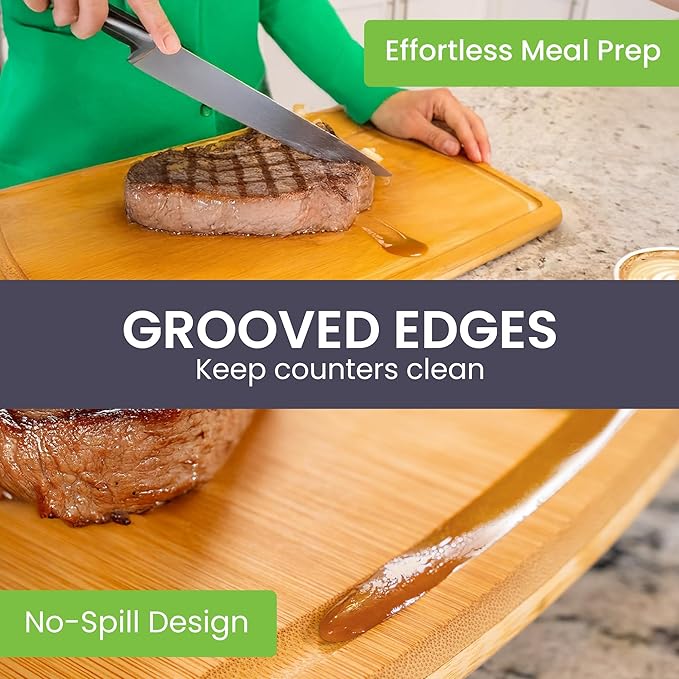Wooden Cutting Boards for Kitchen with Glue-Free Surface and Lifetime Replacements – Organic Bamboo Chopping Board with Juice Grooves for Carving & Serving, Non Toxic & Durable by Greener Chef