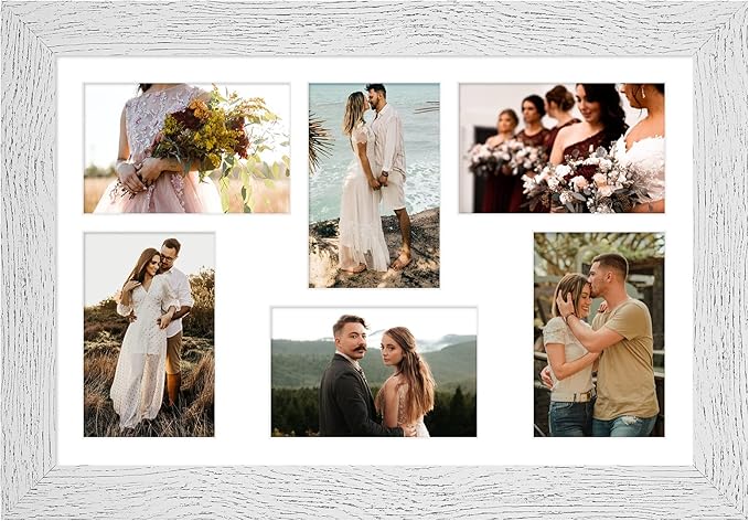 11x17 Picture Frame Display 6 picture frame collage 4x6,Multi Photo Frame with Mat,Plexiglass,Wall Mount Decor,Distressed White Wood Grain