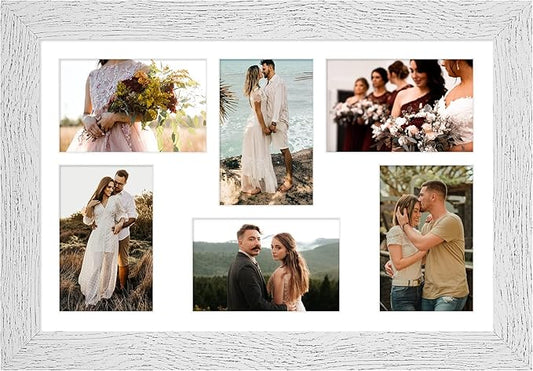 11x17 Picture Frame Display 6 picture frame collage 4x6,Multi Photo Frame with Mat,Plexiglass,Wall Mount Decor,Distressed White Wood Grain