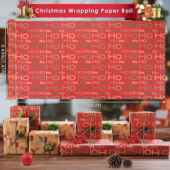 AhfuLife 2 Rolls Christmas Wrapping Paper - 17 Inch × 49.2 Feet Per Roll, Recyclable Red Brown Kraft Xmas Wrapping Paper for Gift Box Decoration