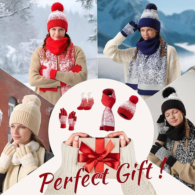 Womens Winter Beanie Hat Scarf Gloves Fuzzy Socks 4 In 1 Set Thermal Fleece Knitted Hat Warm Long Scarf Cold Weather