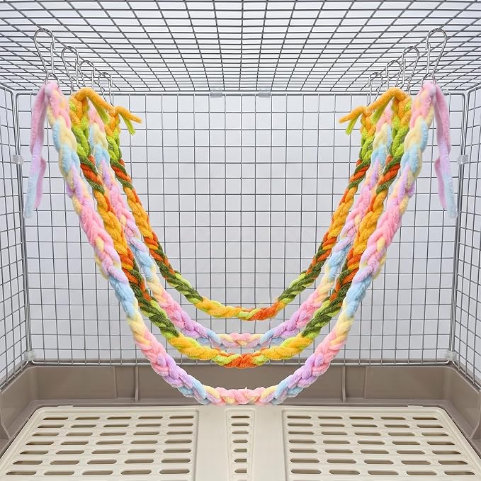 4 Pack Hanging Small Animal Toys, 60cm | Handmade Rope, Climbing and Chewing Enrichment, Mixed Colors, for Pet Rat, Hamster, Sugar Glider, Flying Squirrel Cage