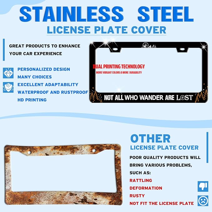 Not All Who Wander are Lost License Plate Frame Stainless Steel 6X 12 Inch | Fits US Standard With Screws Rust Resistant For Car Front Rear Decoration Accessories Easy Installation For Cars SUV Truck