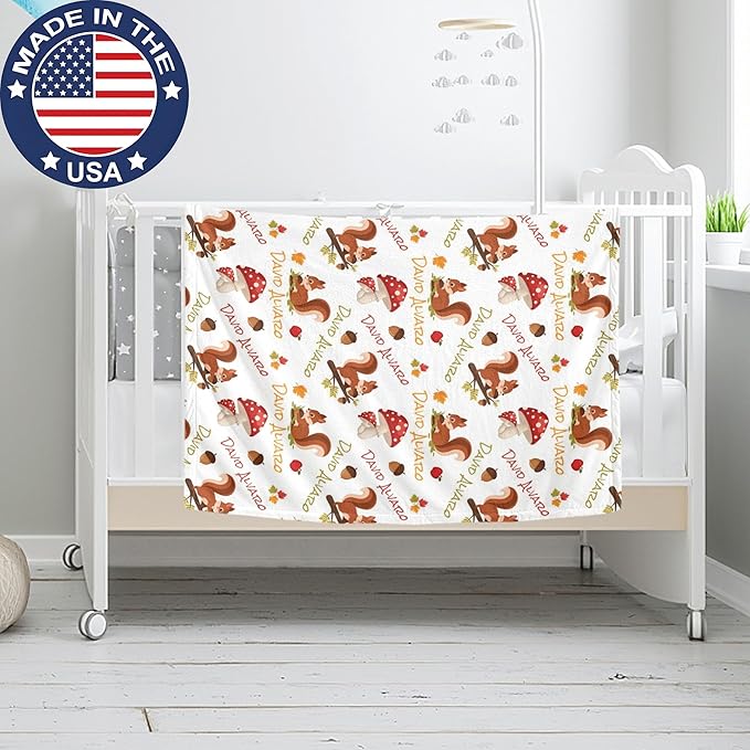 Ship Next Day Personalized Baby Blanket, Printed in USA - Custom Name Toddler Blanket with Squirrel Pattern, Personalized