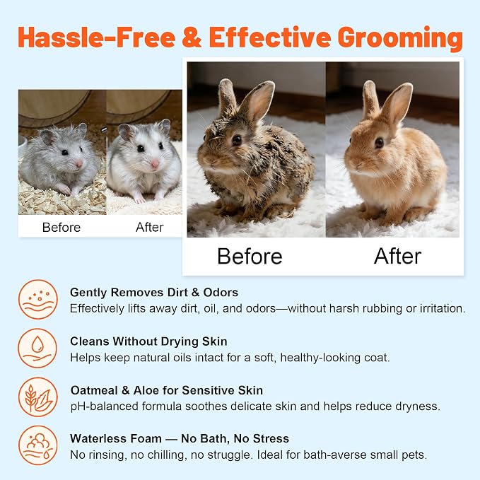 Waterless Rabbit Shampoo | Fragrance-Free & No Rinse Cleanser for Small Pets | Gentle for Sensitive Skin, Ideal for Ferrets, Guinea Pigs, Bunnies, Hamsters & Sugar Gliders, 3.38 fl oz (Fragrance Free)