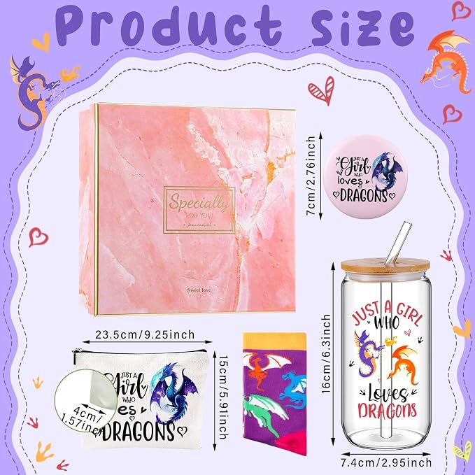 Kacctyen 5 Pcs Christmas Dragon Gifts for Women Dragon Lover Birthday Gifts 16oz Glass Cup Tumbler with Lid Straw Makeup Cosmetic Bag Pocket Mirror Sock for Animal Lovers Her Daughter Friend Sister