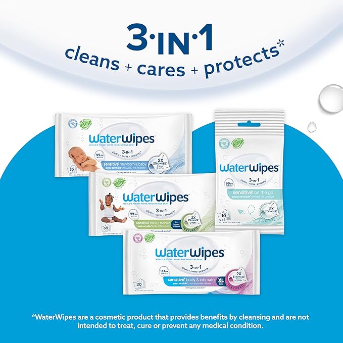 WaterWipes Sensitive+ Newborn & Baby Wipes, 3-In-1 Cleans, Cares, Protects, 99.9% Water, Unscented & Hypoallergenic, 60 Count