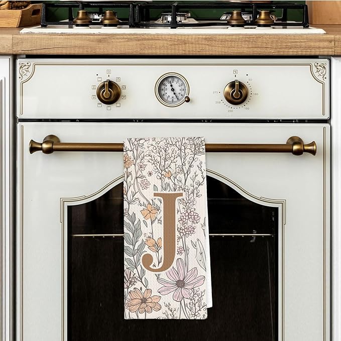 Initial J Personalized Floral Kitchen Towels Dish Towel, Custom Hand Towels for Bathroom, Monogrammed Gifts for Women Mom, Boho Floral Decorative Kitchen Towels Tea Towel, 16x24 Inch