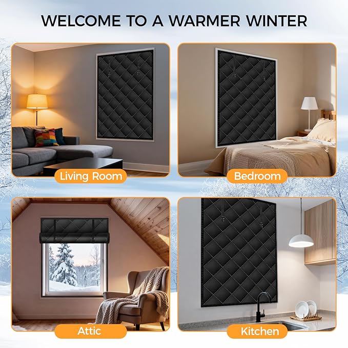 63" x 47" Thermal Window Cover，Oxford Fabric Window Cover for Winter, Window Insulation for Winter to Keep Warm, Window Insulation Kit for Home RV Basement–Black