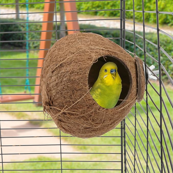 Hypeety Pet Bird Breeding Nest Natural Coconut Bird Hideout Hut for Cage | Natural coconut shell, for sleeping/breeding, easy to install, for parakeets/cockatiels/finches/hamsters, coco cage perch toy