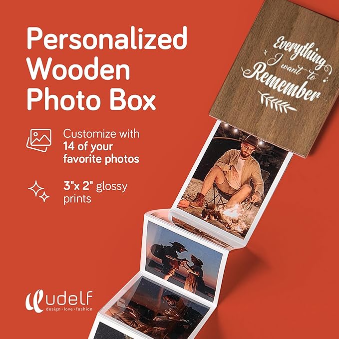 udelf Personalized Wooden Photo Keepsake with Accordion Pull-Out | Custom Birthday, Wedding, or Anniversary Memory Holder | Holds 14 Photos 3"x2" (Memories-Vertical)