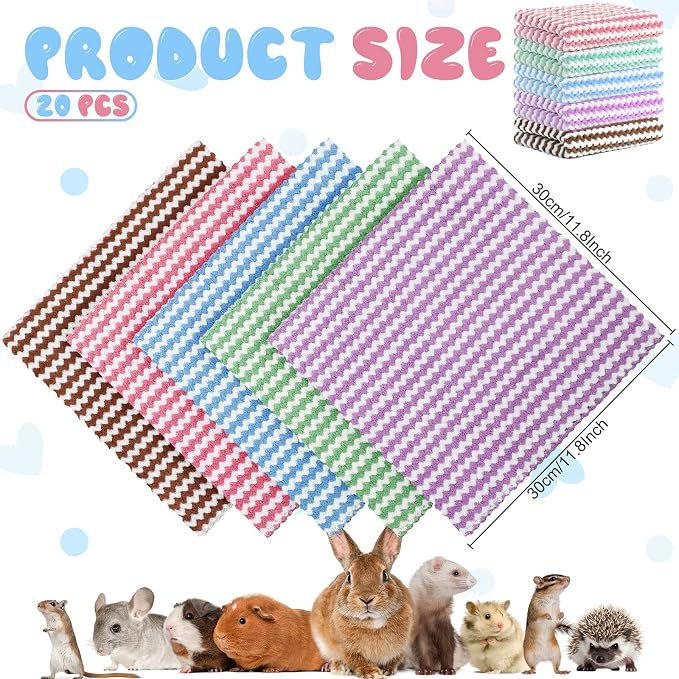 Moukeren 20pcs Guinea Pig Blankets, 12 x 12 Inch, Waffle Style, Multicolor | Washable Reusable Bedding Pads for Small Animals, Soft Absorbent Mats for Guinea Pig, Rabbit, Hamster, Hedgehog & Chinchilla