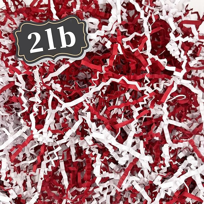 ZEBMOON 2 LB Red White Crinkle Cut Paper Shred Filler Great for Gift Wrapping, Basket Filling, Birthday, Wedding, Halloween, Thanksgiving, Christmas Day, New Year Party Decorations Filling Supplies