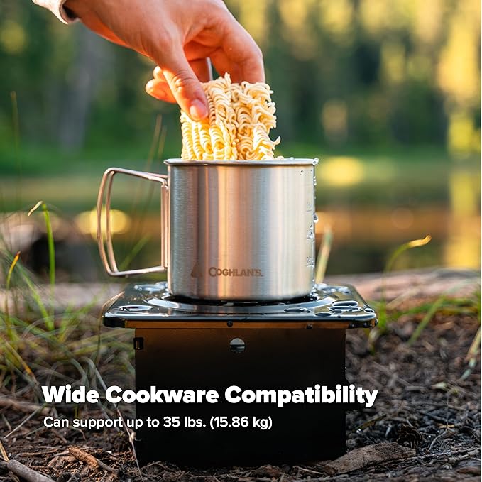 Coghlan’s Portable Folding Camp Stove – Compact, Lightweight Steel Cooking Stove for Camping, Backpacking, Hiking, or Emergency Use – Uses Canned Heat or Fuel Tablets, Black