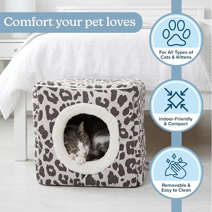 Cat House - Indoor Bed with Removable Foam Cushion - Cat Cave for Puppies, Rabbits, Guinea Pigs, and Other Small Animals by PETMAKER (Animal Print)