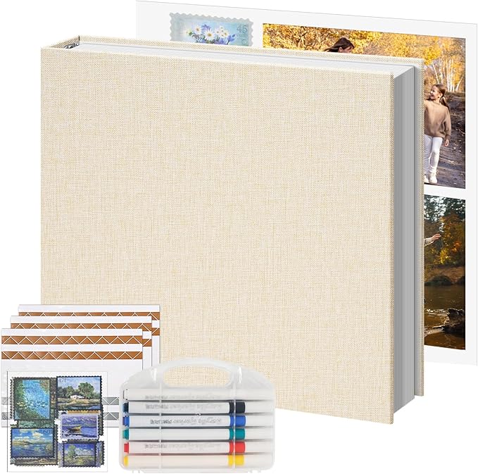 Vienrose Photo Album Scrapbook, 3 Ring 12" x 12" Linen Cover Kraft Paper Memory Book with 50 Sheets 100 Pages, Scrapbook Set for Wedding, Anniversary, Family, Travel, Beige