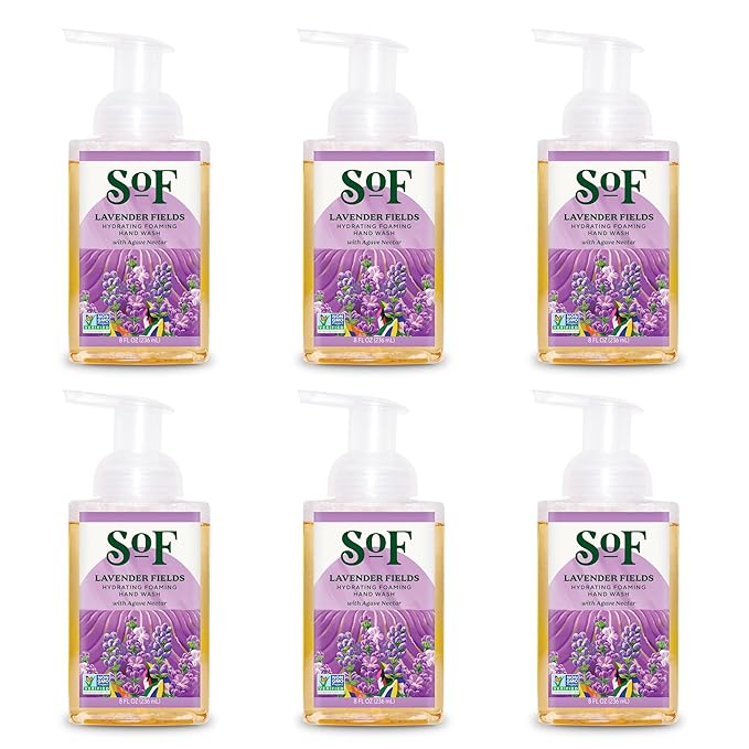 SoF Hydrating Foaming Hand Wash - With Organic Agave Nectar & Coconut Oil- Vegan & Non GMO- Free From Phthalates, Sulfates & Parabens- Lavender Fields- 8 oz Bottle 6 Pack