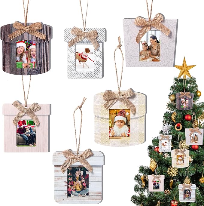 Namalu 12 Pcs Small Frames for Christmas Ornaments Mini Wooden Picture Frame Ornaments for Christmas Tree Xmas Family Photo Hanging Keepsakes for Holiday Party Decorations Gifts (Rustic)