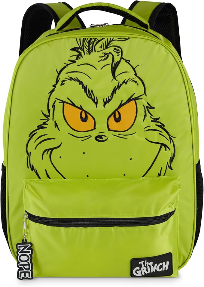 AI ACCESSORY INNOVATIONS Dr. Suess’s The Grinch Backpack for Boys & Girls Featuring a Big Face Grinch, 16”Bookbag w/Molded Nope Dangle, Green