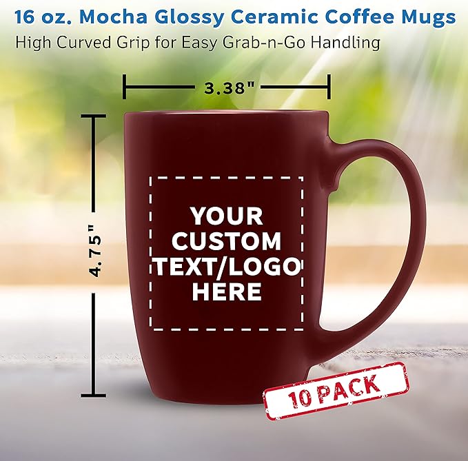 DISCOUNT PROMOS 10 Large Mocha Glossy Ceramic Coffee Mugs Set, 16 oz. - Customizable Text, Logo - Stoneware, Smooth, Durable, C-handle - Maroon