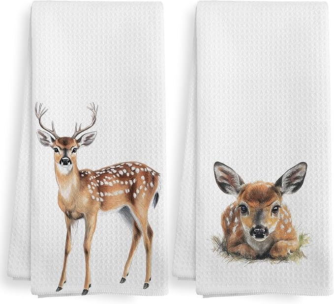 Funny Deer Kitchen Towels and Dishcloths Sets of 2, Deer Decor Gifts, Woodsy Rustic Cabin Lodge Forest Mountain Nursery Home Hunting Decor Dish Hand Tea Towels for Bathroom Kitchen, 16x24Inch