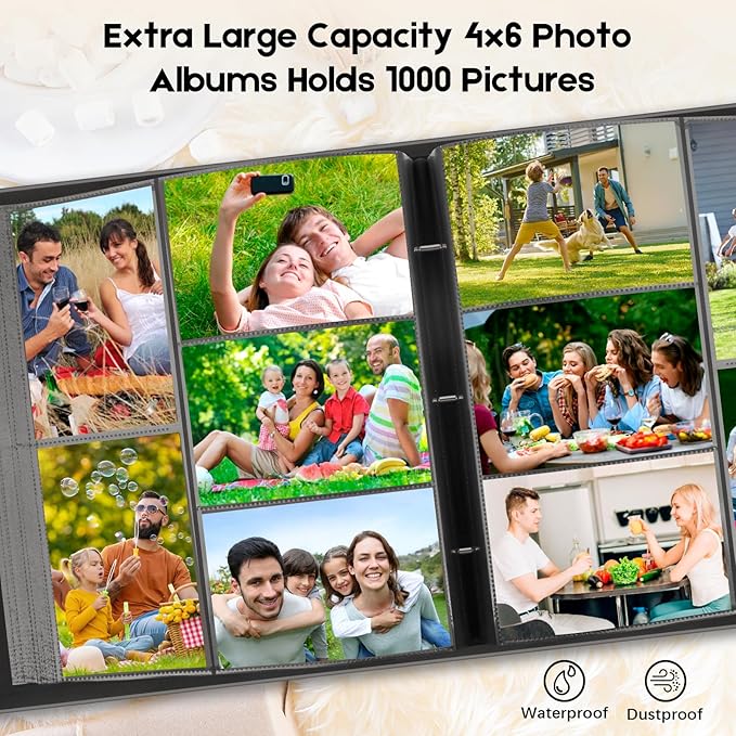 1000 Pocket Photo Album 4x6 Leather Cover, Extra Large Capacity Holds 1000 Horizontal and Vertical Photos, Acid Free Non Stick Pages with Front Window, Perfect for Wedding Family Baby Memories (Black)