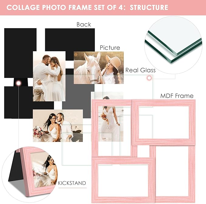 4x6 Collage Picture Frame Tempered Glass Front, Displays Four 4x6 Photo, Family Photo Collage Frame, Wall Decor Wall Hanging or Tabletop, Pink