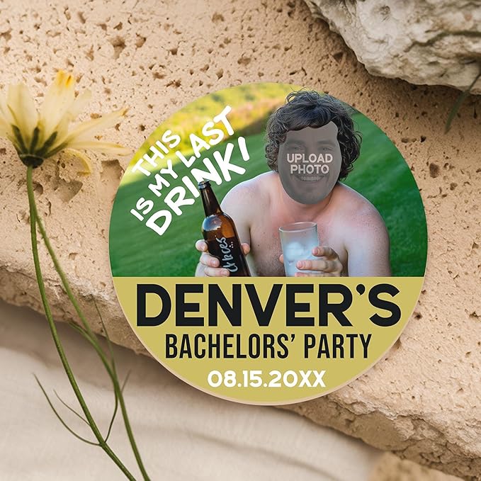 10 Pack Personalized Bachelor Party Coasters, Custom Cardboard Drink Coasters with Photo Print and Text, Fun Bachelor Party Favors and Gifts, 3.95" Round, Design 5