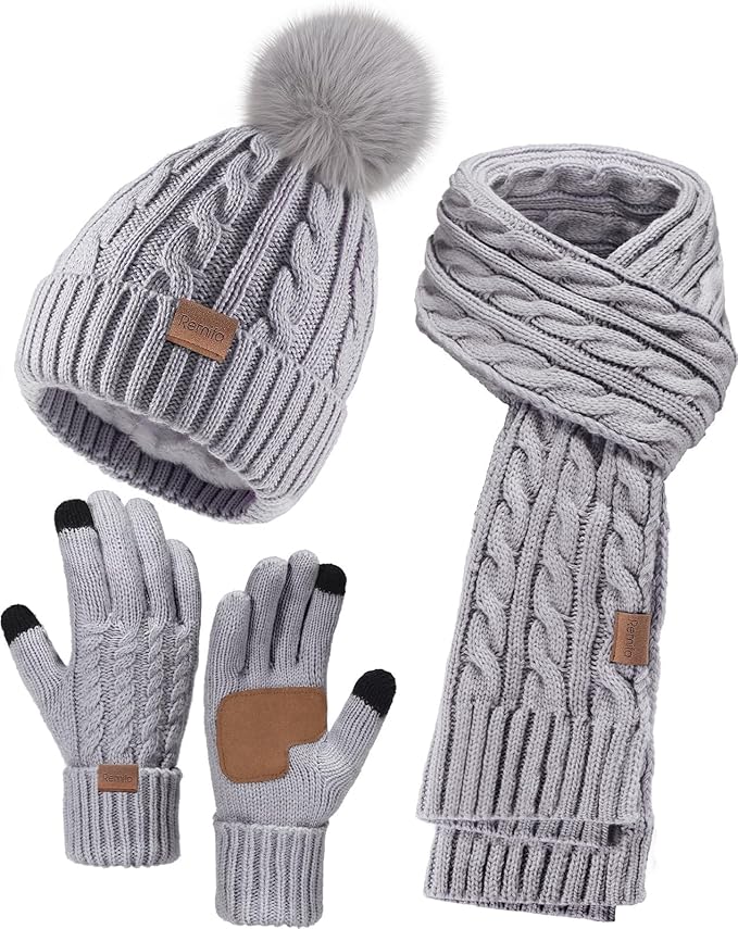 Remifa Winter Hat Scarf Gloves Set for Women, 3 PCS Beanie Hat Touchscreen Glove Long Neck Kint Scarf Valentines Gifts