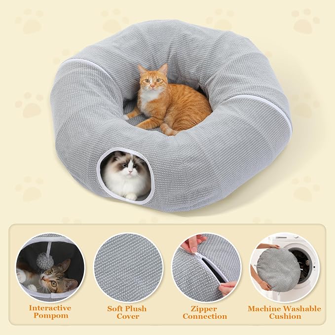 PEQULTI Grey Donut Cat Tunnel Bed Washable Plush Mat Multi for Small Pets | Round play tube with soft detachable plush mat, multi-pet toy fit indoor cats, kittens, puppies, rabbits and ferrets