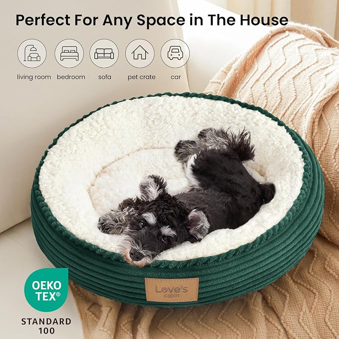Love's cabin Round Donut Cat and Dog Cushion Bed, 24in Pet Bed for Small or Medium Dogs, Anti-Slip & Water-Resistant Bottom, Soft Durable Fabric Pet Beds, Washable Calming Cat Bed Dark Green