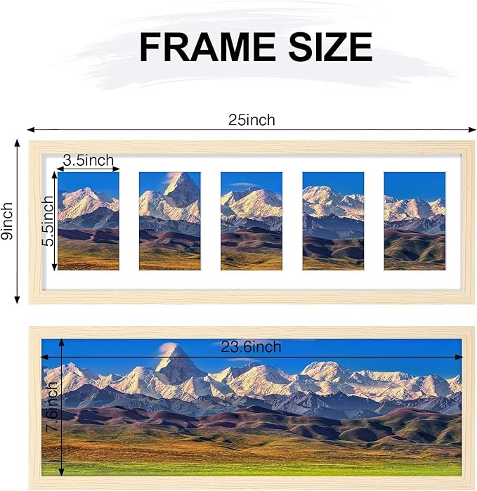 Vittanly 8x24 Collage Picture Frame, Displays 5Pcs 4x6 Pictures with Mat or 1Pcs 8x24 without Mat, Picture Frames Collage Wall Decor for Horizontal or Vertical Display, Nature Wood, 1 Pack
