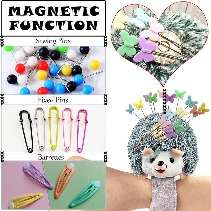 Cute Hedgehog Wrist Pin Cushion for Sewing with Magnetic, Snap Bracelet Wrist Bands for Pins and Needles Include 50 Lovely Butterfly Straight Pins.