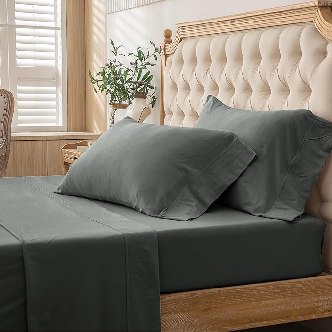 PURE ERA Jersey Knit 4pc Bed Sheet Set 100% T-Shirt Cotton Super Soft Comfy Breathable Fits Mattress Up to 20" Extra Deep Pocket (Solid Dark Greenish Gray, King)