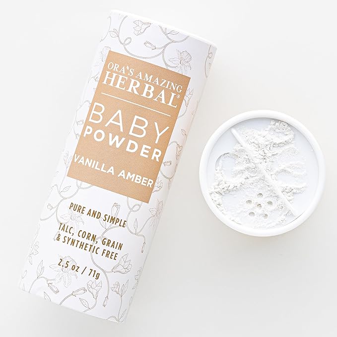 Ora's Amazing Herbal Baby Powder Talc-Free, Real Vanilla Amber Natural Scent, Cornstarch Free Arrowroot and Clay Based Powder, 2.5 oz