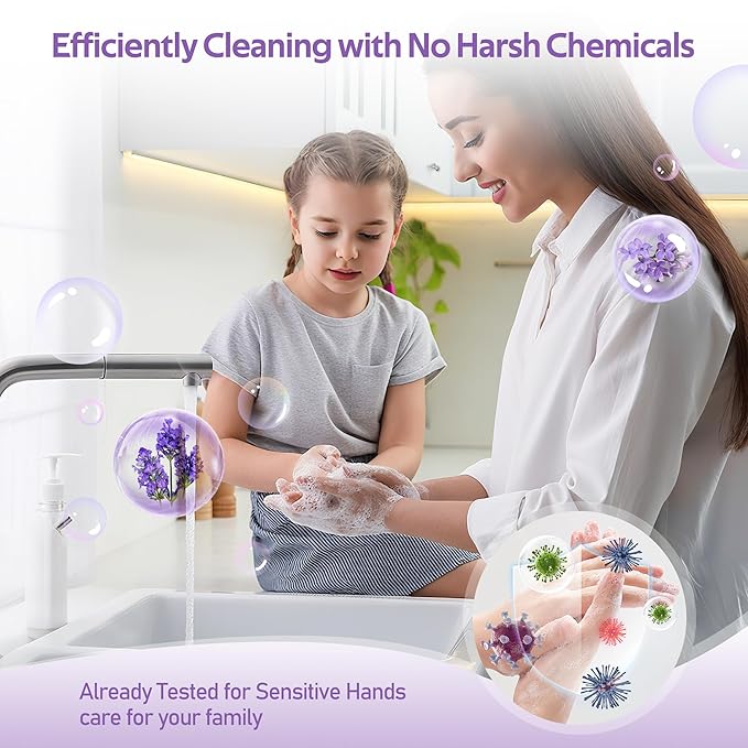 Foam Soap Refill with Dispenser Hand Wash Set, 12 Foaming Hand Soap Refills Tablets +1 Glass Foaming Dispenser +2 Microfiber Cloths, Make 96 fl oz - No Plastic, Cleansing & Moisturizing, Lavender