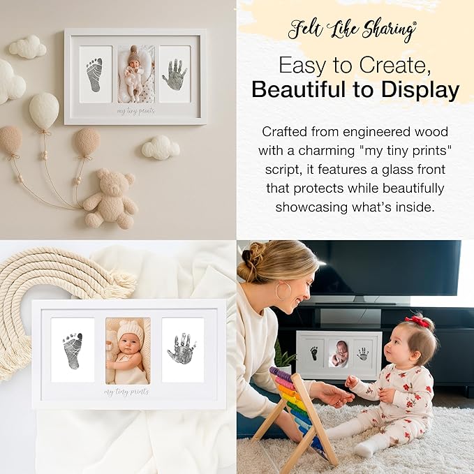 Felt Like Sharing My Tiny Prints Newborn Baby Handprint and Footprint Kit – Photo Keepsake Frame with Ink Pad for Baby Hand and Footprints – Great New Parent Present – 17” L x 9.5” H (White)