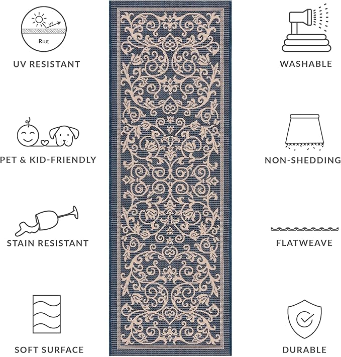 SAFAVIEH Washable Rug Outdoor Courtyard Collection - 2'3" x 6'7" Runner, Navy & Beige, Non-Shedding & Easy Cleaning, Ideal for Patio, Entryway, Mudroom, Hallway, Kitchen (CY2098-268)