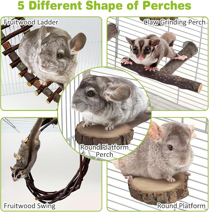 BNOSDM 6PCS Chinchilla Cage Accessories, Natural Wood Sugar Glider Climbing Bridge & Perch Platforms, Rat Enrichment Toys Set for Small Animals Squirrel, Gerbil, Hamster