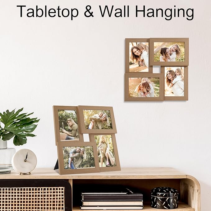 4x6 Picture Frame Collage,4 Photo Frame with Real Glass,Family Picture Frame Collage Wall Hanging or Tabletop Display,Natural Oak