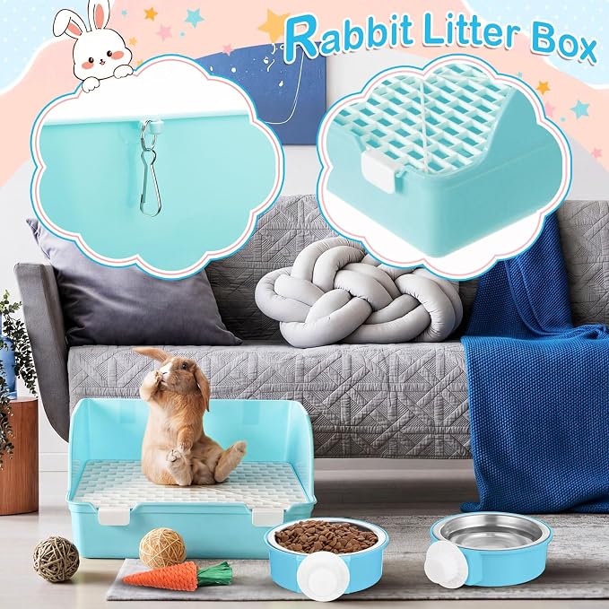 Reallnaive 15 Pcs Rabbit Starter Kit Small Rabbit Litter Box Girls Gift Animal Grooming Kit Bunny Toys Bowl Blankets with Cleaning Set for Guinea Pig Accessories(Sky Blue)