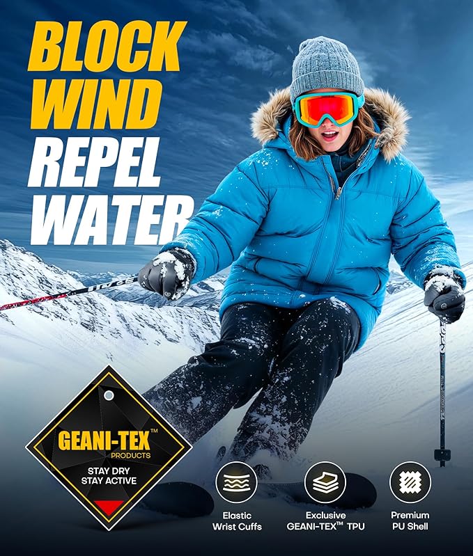 Winter Gloves Men Women Made with 3M Insulation, -20°F GEANI-TEX™ Waterproof Ski Gloves for Cold Weather, 5-Layer Thermal Snow Gloves, 10 Touchscreen Fingers Snowboard gloves for Cycling, Hiking