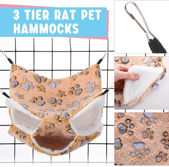Sweetude 6 Pcs Hammock Tunnel Set for Small Pets,Cute,Paw | 3 Tier Hanging Hideout, Guinea Pig Hamster Chinchilla Ferret, Soft Plush Cage Accessories for Sleep Play and Rest