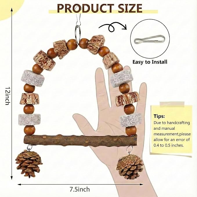 Natural Wood Bird Swing Toy for Parakeets Cockatiels, Parrot Hanging Perch with Chewing Pine Cones & Beak Grinding Pumice Stone, Bird Cage Accessories for Conure Lovebirds Budgies - Boredom Relief