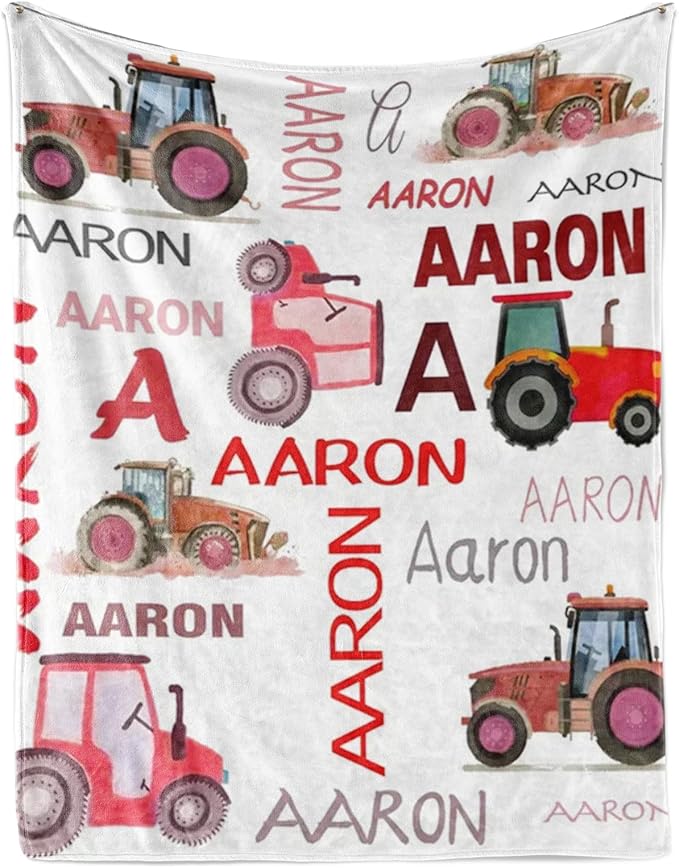 Personalized Tractors Blanket - Custom Name with Farm Tractor Trucks Design - Soft Plush Flannel Bed Blanket for Baby Kid Teen Boys Girls Customized Gifts White & Red