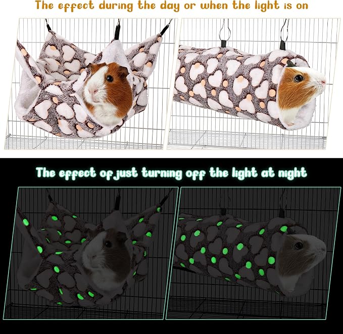 Noctilucent Luminous Brown Guinea Pig Rat Hammock Bunkbed Hanging Tunnel | Mogoko Hanging Soft Bed Mat for Ferret Hedgehog Squirrel Hideout Cage Accessories (Tunnel and Bunkbed Hammock)