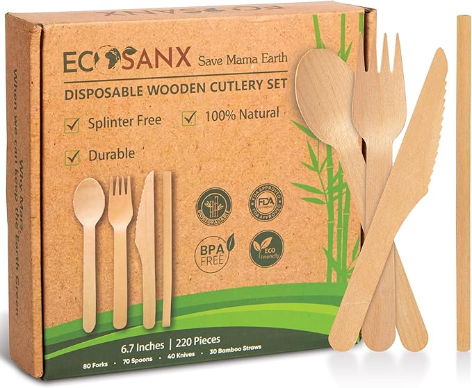 Bamboo Cutlery Set - Wooden Utensils for Eating - Disposable Wooden Cutlery set of 220 (80 Forks 70 Spoons 40 Knives 30 Straws) Bamboo Disposable Utensils - ECO Friendly Compostable Utensil for Party
