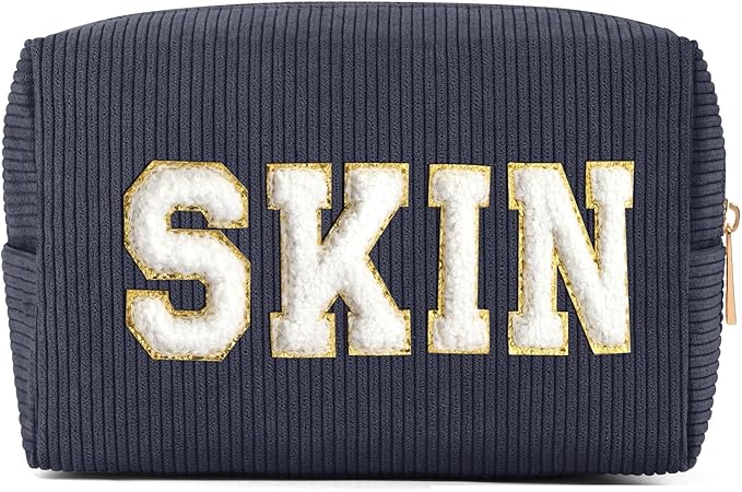 MAGEFY Small Makeup Bag Corduroy Cosmetic Bag for Women Makeup Pouch with Slip-in Pockets Cute Preppy Stuff (Grey, SKIN)
