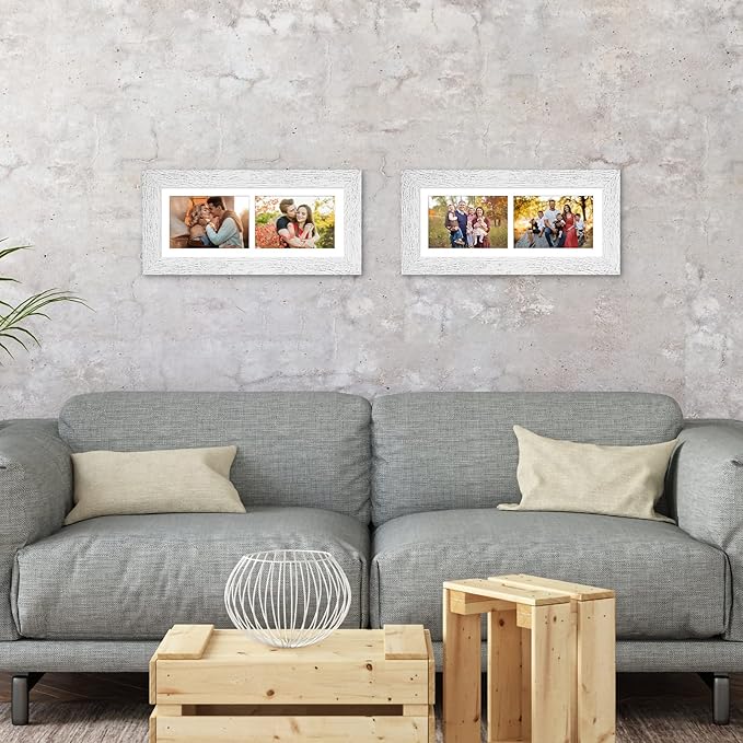 6x15 Picture Frame Display 2 opening 5X7 Double Picture Frame Collage,Multi Photo Frame with Mat,Plexiglass,Horizontal and Vertical Formats for Wall Decor,Distressed White Wood Grain